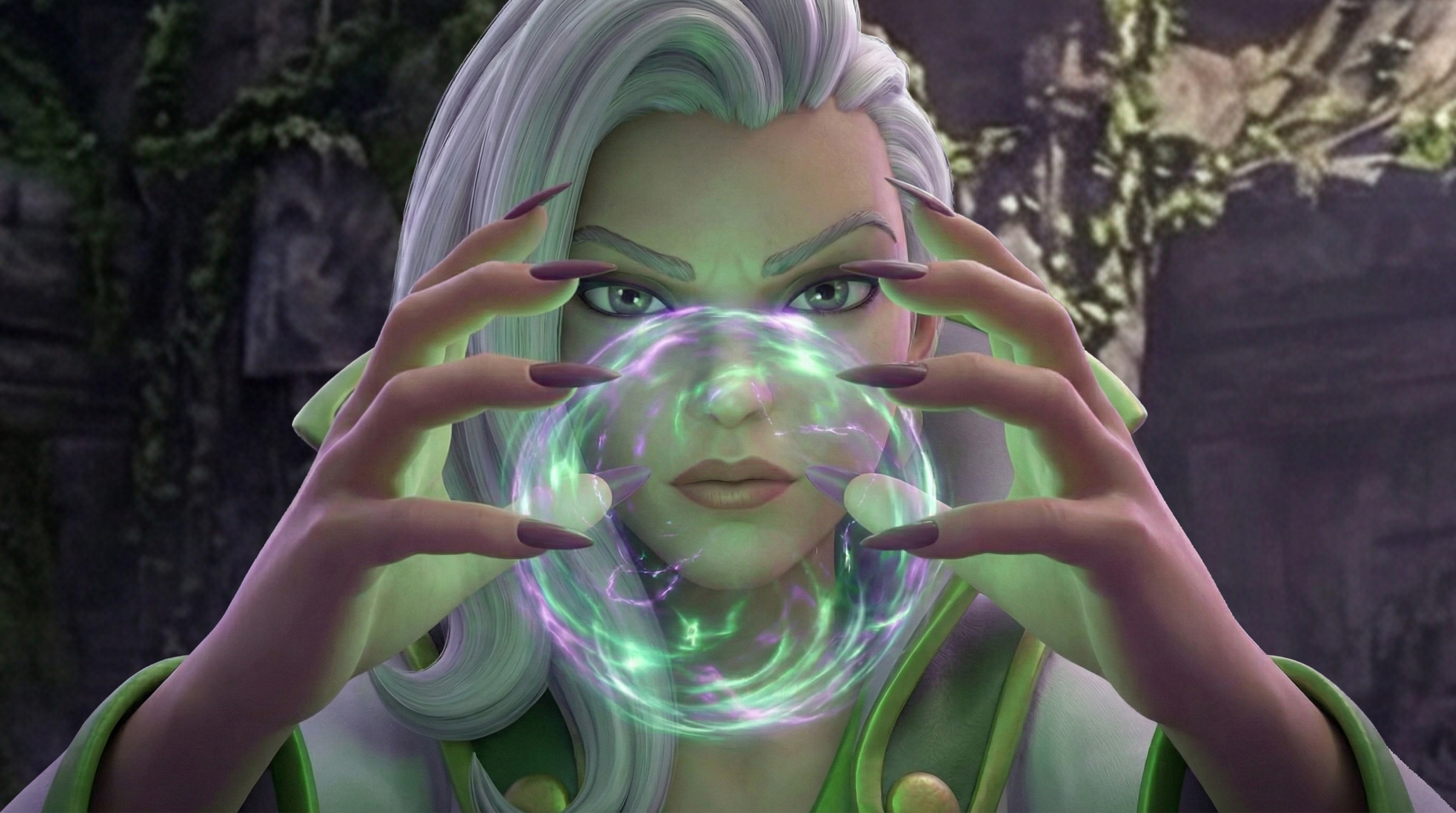 An AI generated close up image of a witch creating a magic halo ball