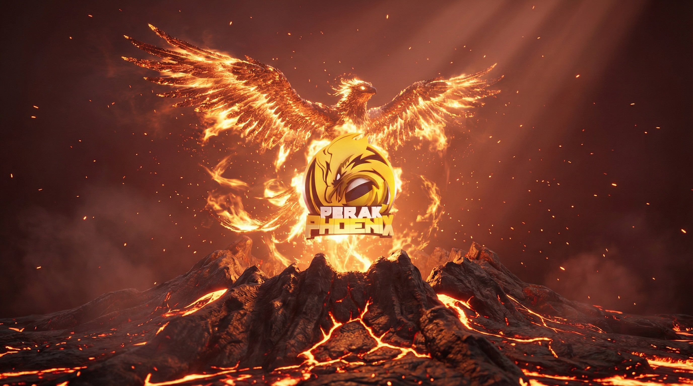 A dramatic AI generated digital artwork of a fiery phoenix with wings spread wide, rising from a glowing volcanic landscape with flowing lava and sparks. At the center, a glowing emblem with the text “Perak Phoenix” is encircled by flames beneath the blazing bird.