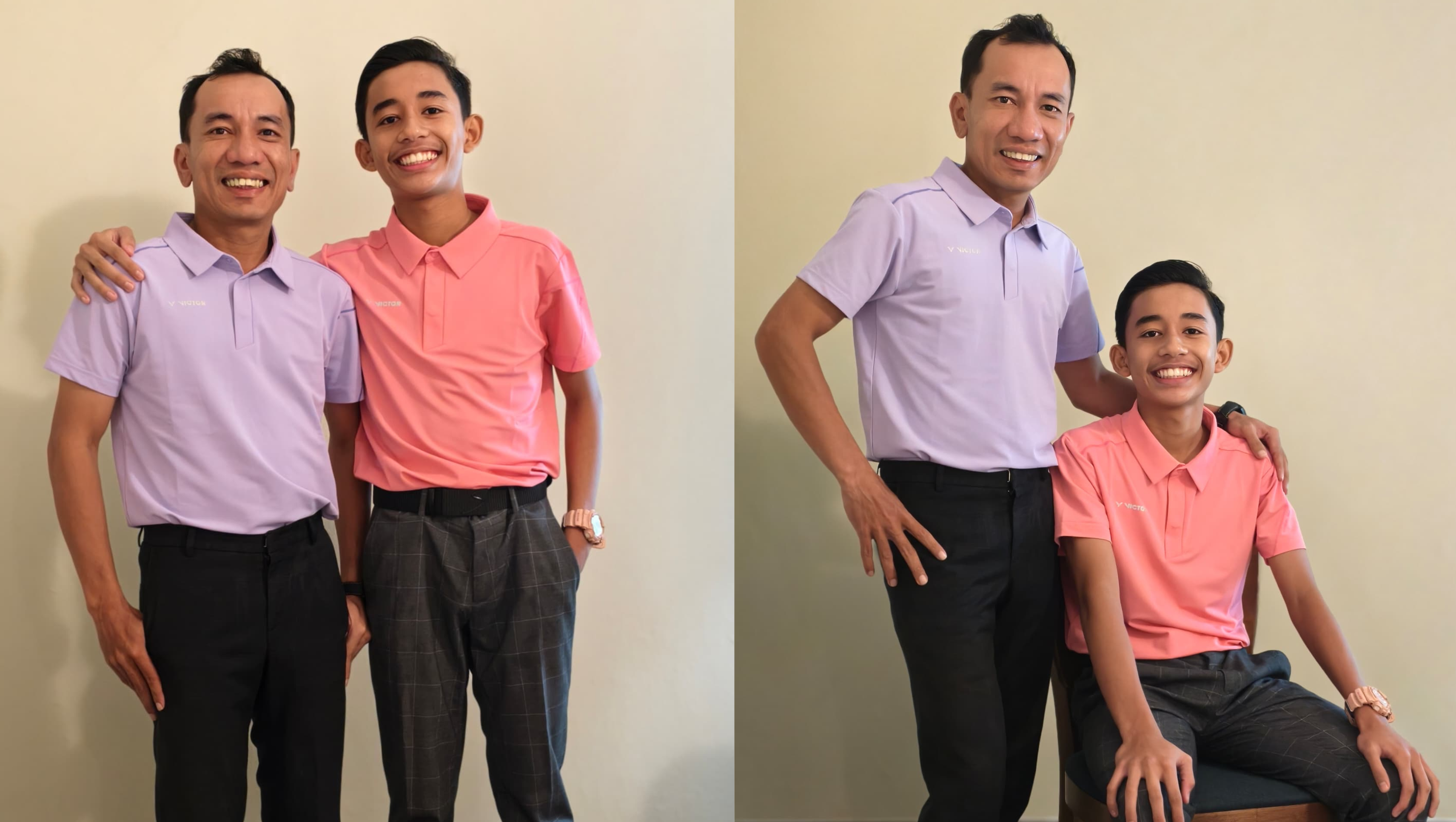 Two individuals pose together in coordinated smart-casual outfits, standing side by side in one photo and in a standing-and-seated pose in another. Both images are taken indoors against a neutral background with soft lighting.
